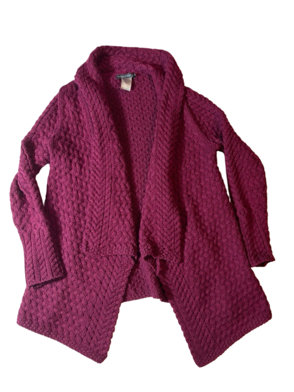 IrelandsEye Womens M Berry Wool Aran Cable Knit Waterfall Cardigan Irish Sweater